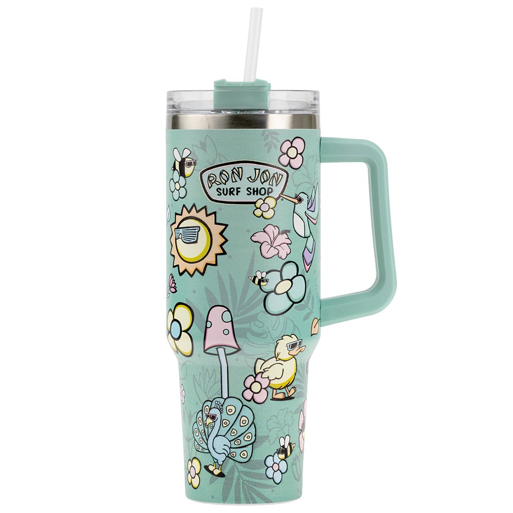 A tall mint green travel tumbler with a handle, straw, and lid, decorated with colorful cartoon flowers, a peacock, duck, mushroom, and Ron Jon Surf Shop logo.