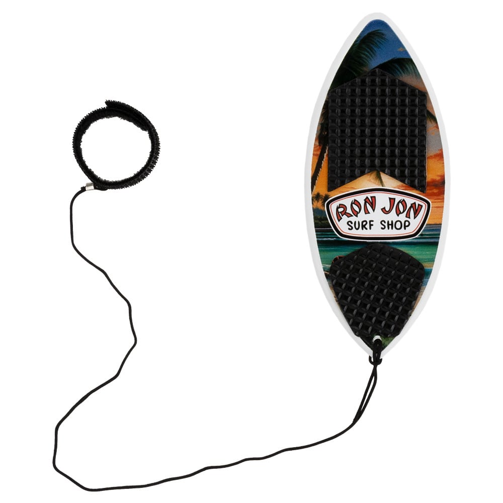 Mini skimboard with a tropical sunset design and Ron Jon Surf Shop logo, featuring black traction pads and a coiled leash attached.