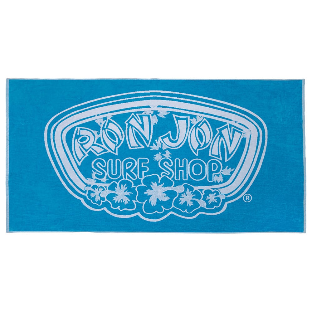 A blue beach towel featuring the white Ron Jon Surf Shop logo with hibiscus flowers and stylized text in the center.