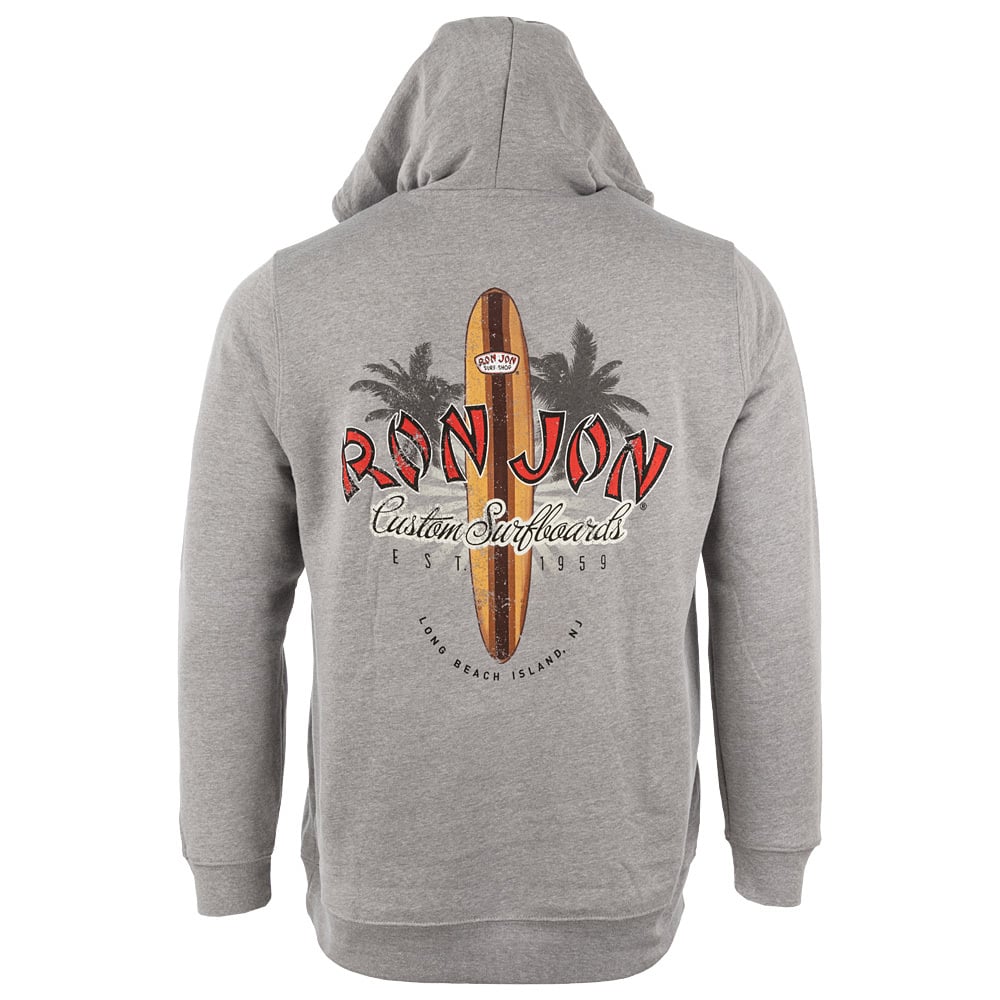 A grey hoodie with a graphic on the back featuring a surfboard, palm trees, and the text “Ron Jon Custom Surfboards, Est. 1959, Long Beach Island, NJ.”.