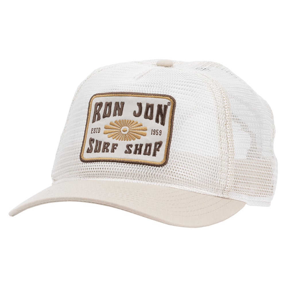 White mesh trucker hat with beige bill and a front patch that reads Ron Jon Surf Shop ESTD 1959 in brown and tan lettering.