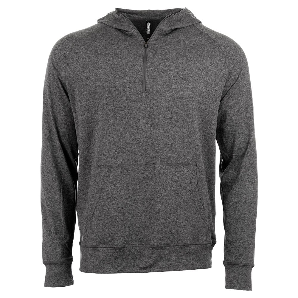 A plain, long-sleeve, dark gray hooded pullover with a quarter-zip front and a front pouch pocket, displayed on a white background.