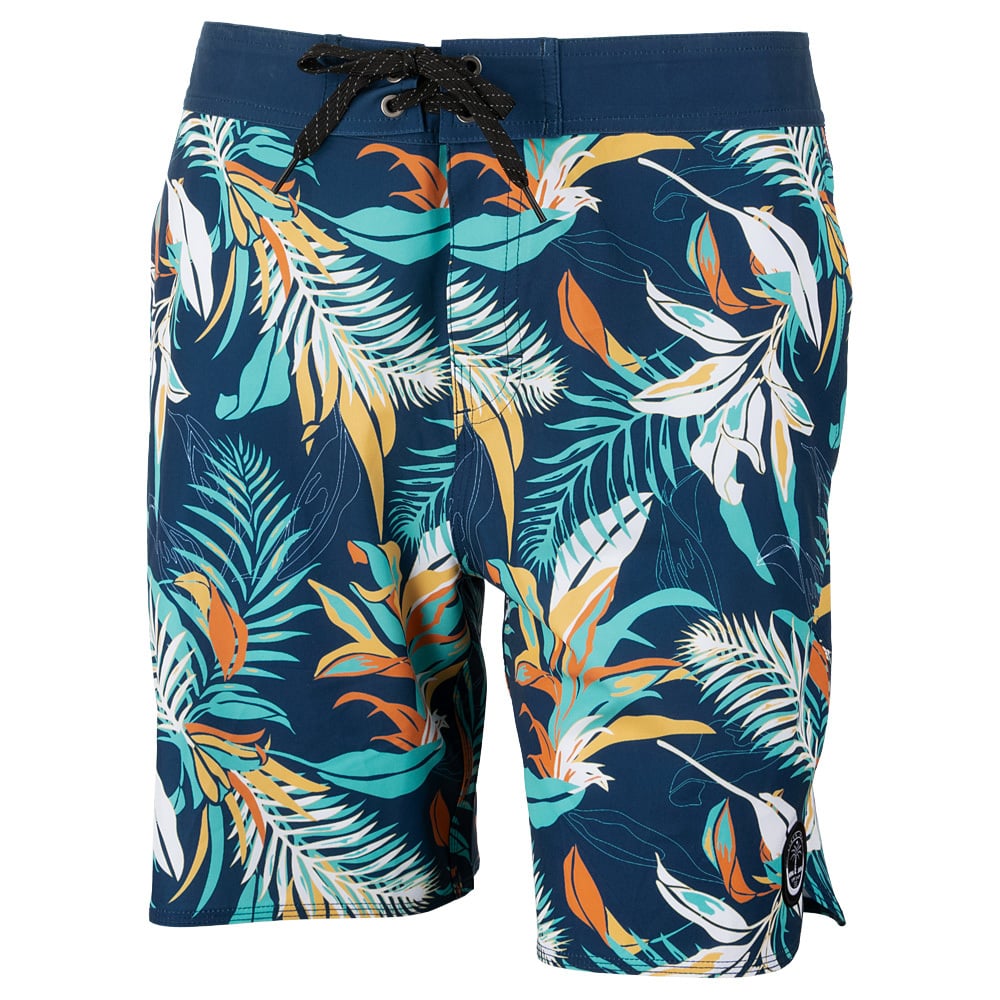 Blue board shorts featuring a tropical leaf and floral pattern in green, orange, white, and teal, with a black drawstring at the waist.