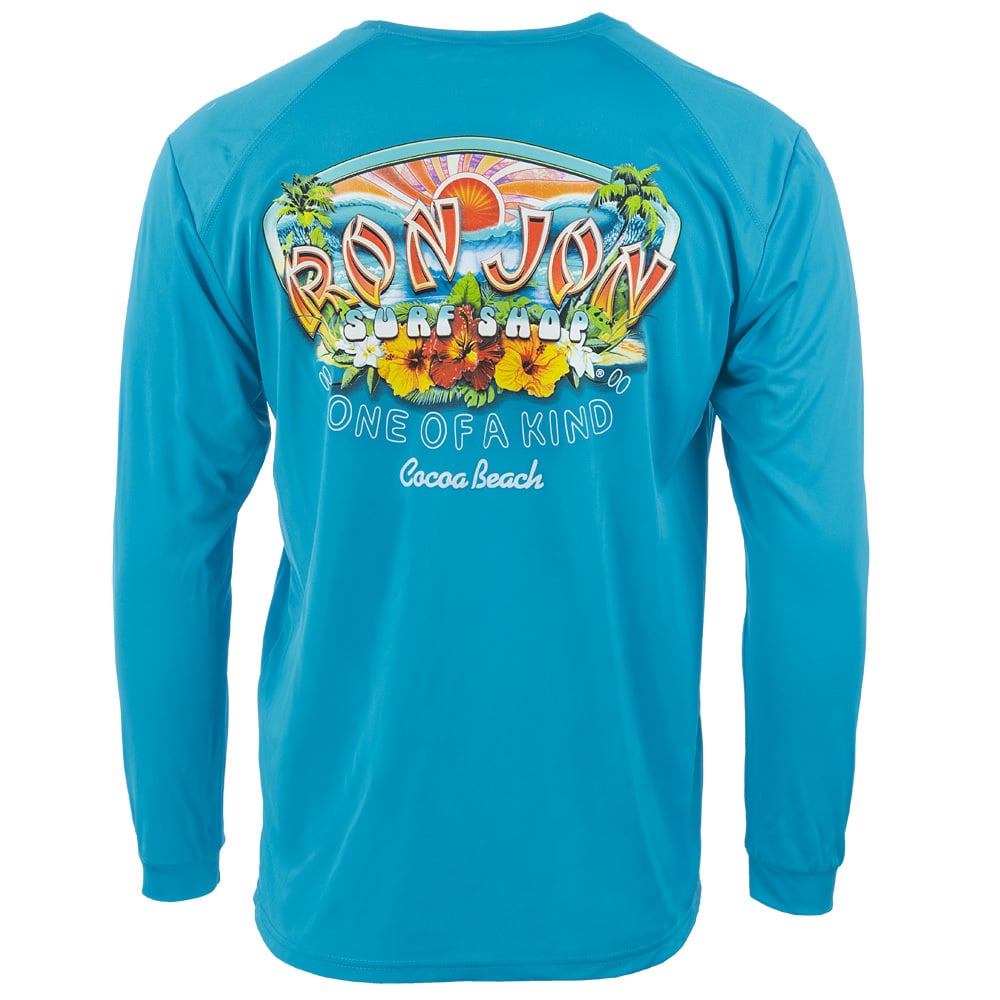 Blue long-sleeve UPF Sun Shirt featuring a colorful Ron Jon Surf Shop graphic and text One of a Kind and Cocoa Beach on the back, perfect for hiking adventures.