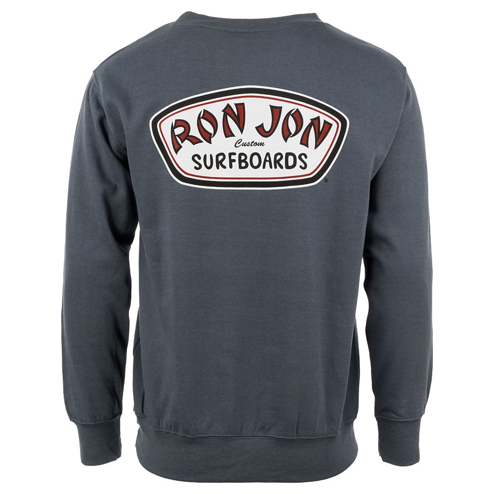 Dark gray sweatshirt with Ron Jon Surfboards logo on the back, featuring a red and white outlined oval design.