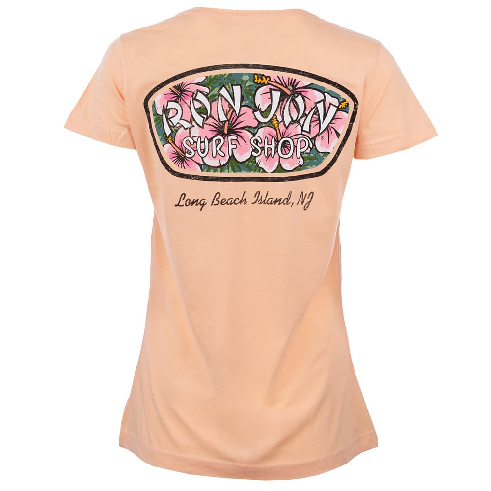 Peach-colored t-shirt featuring a floral logo design with Ron Jon Surf Shop and text below reading Long Beach Island, NJ on the back.