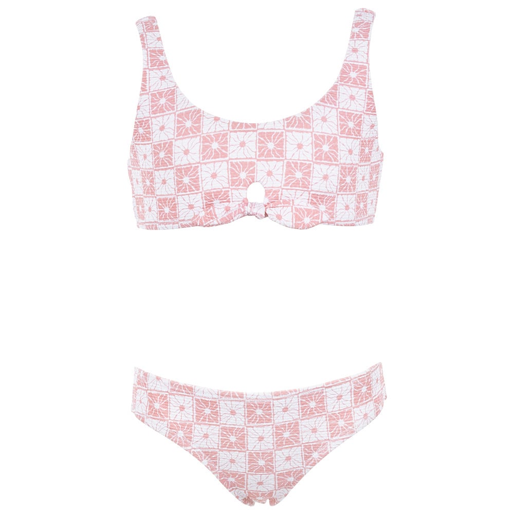 Pink and white patterned two-piece bikini with a bow on the top piece.