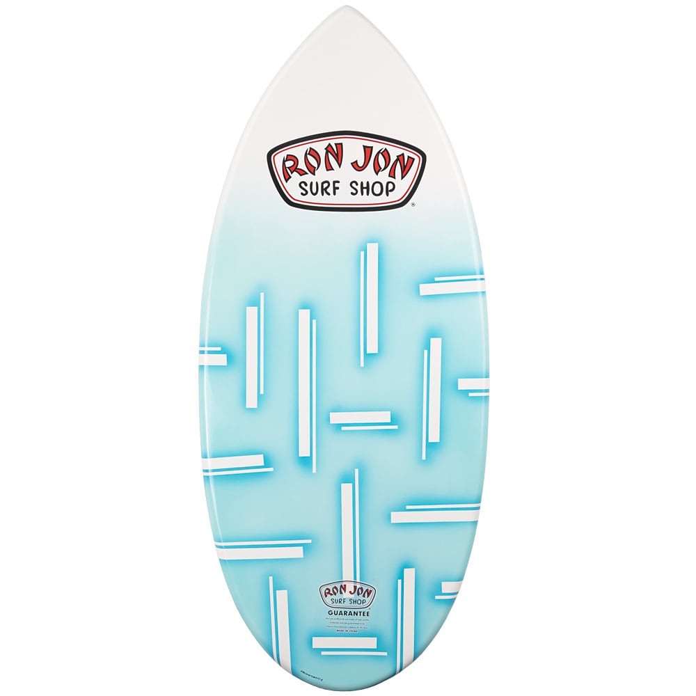 A light blue skimboard with white and blue geometric lines, featuring the Ron Jon Surf Shop logo at the top and bottom.
