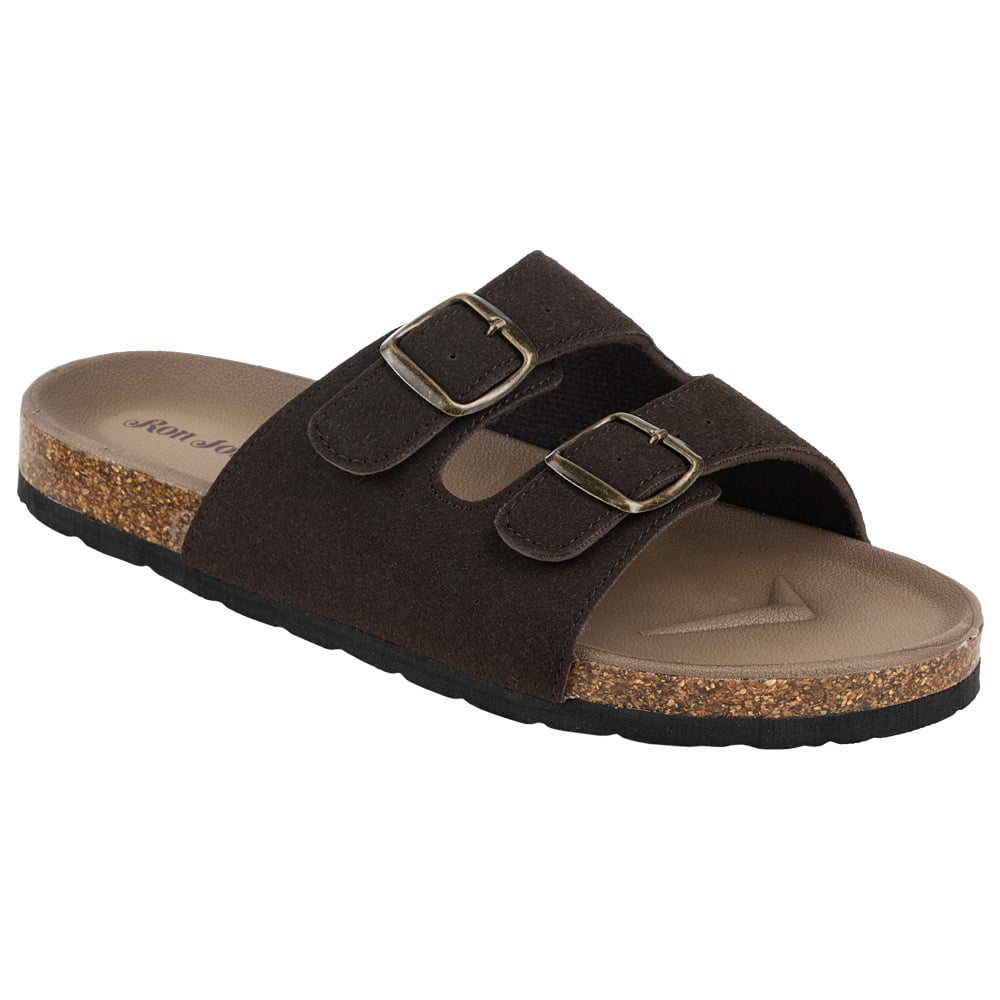 Black sandal with two adjustable straps and a cork sole.