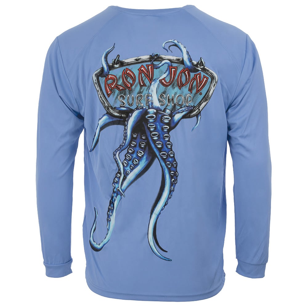 A blue long-sleeve shirt with a graphic of an octopus and Ron Jon Surf Shop text on the back.