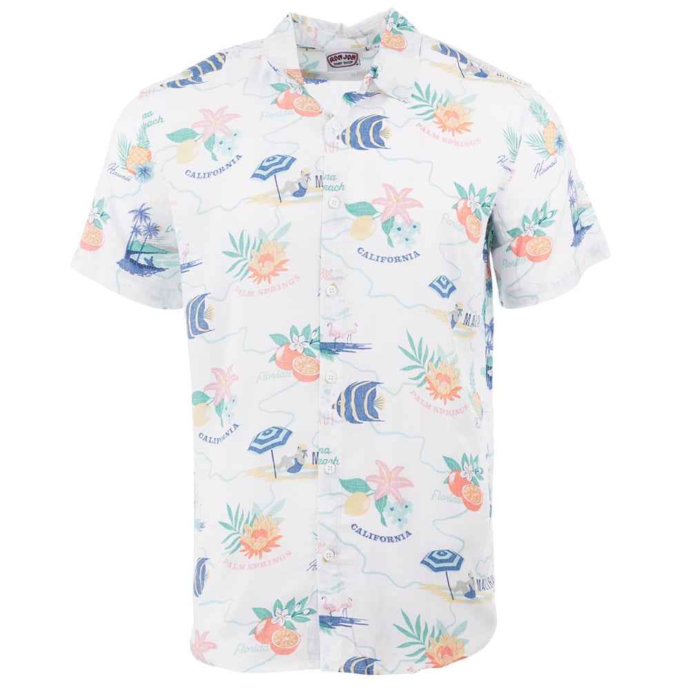 A short-sleeve white Hawaiian shirt with colorful palm trees, maps, surfboards, and California text printed on it.