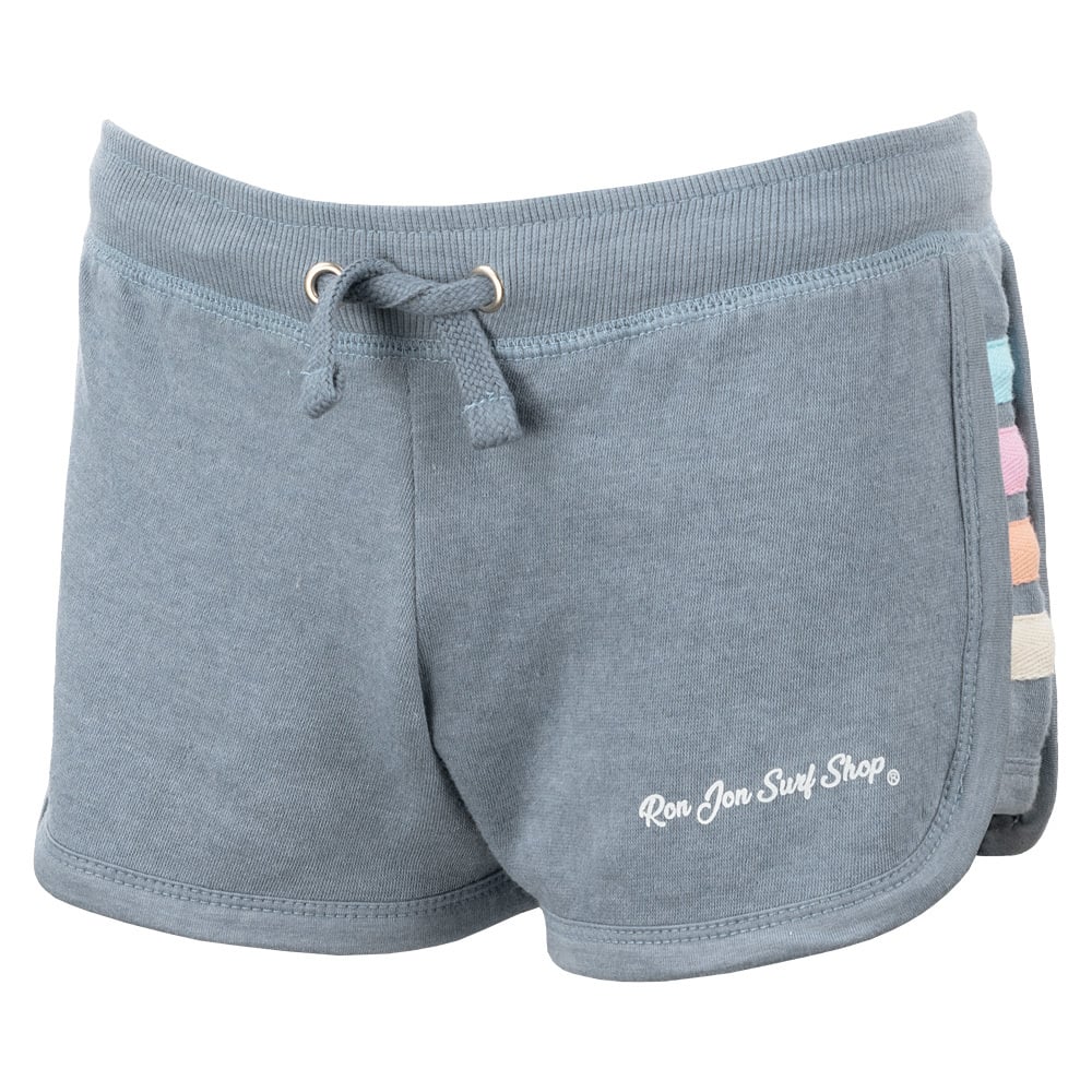 Blue shorts with a drawstring waist, featuring colorful stripes on one side and Ron Jon Surf Shop text.