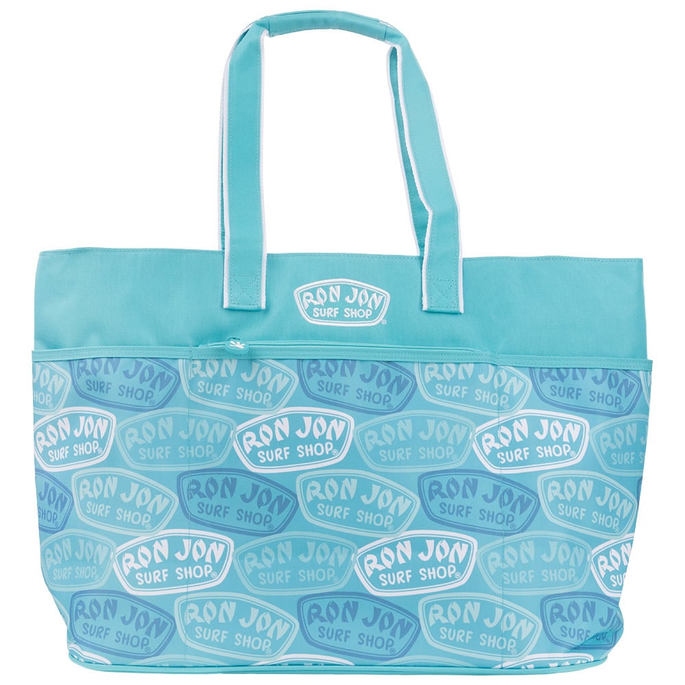 Teal tote bag with Ron Jon Surf Shop logos in various sizes and shades of blue.