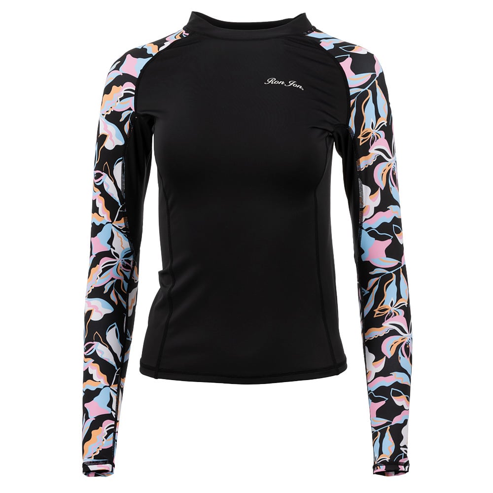 Black long-sleeve rash guard with colorful floral patterns on the sleeves. White logo on the chest.
