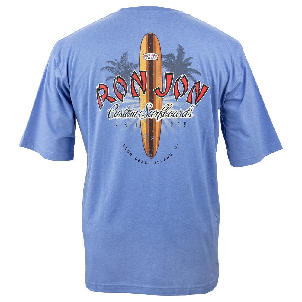 Blue T-shirt featuring a surfboard, palm trees, and text that reads Ron Jon Custom Surfboards, Est. 1959, Long Beach Island, NJ on the back.