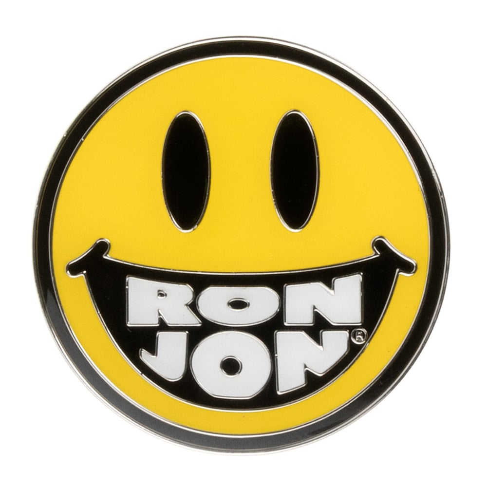 e A yellow smiling face with black oval eyes and the words RON JON in white letters forming the teeth of its smile.