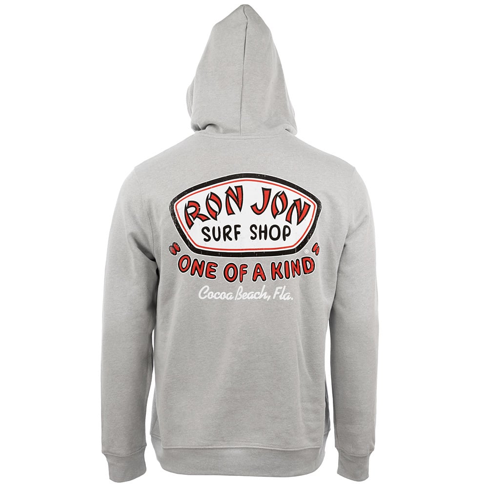 A light gray hooded sweatshirt featuring a large Ron Jon Surf Shop, One of a Kind, Cocoa Beach, Fla. design on the back.