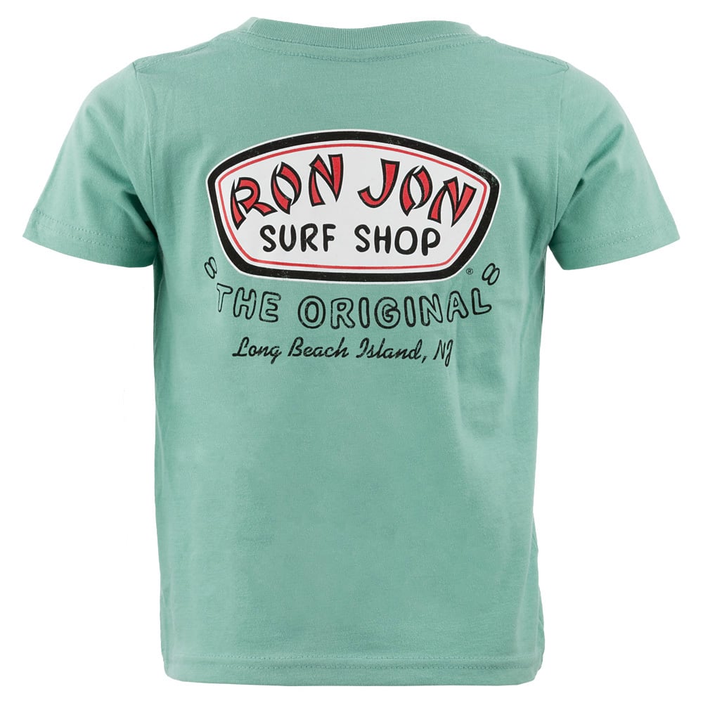 Green t-shirt with Ron Jon Surf Shop logo and text: The Original, Long Beach Island, NJ on the back.