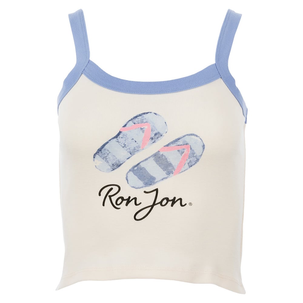 A cream tank top with blue straps featuring a graphic of flip-flops and the text Ron Jon on the front.