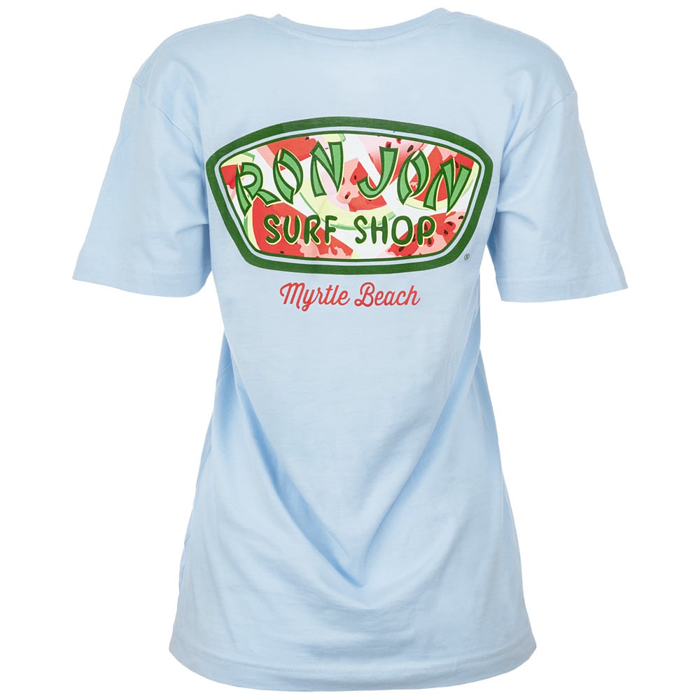 Blue T-shirt with a large Ron Jon Surf Shop logo and Myrtle Beach text printed on the back in green, red, and white colors.
