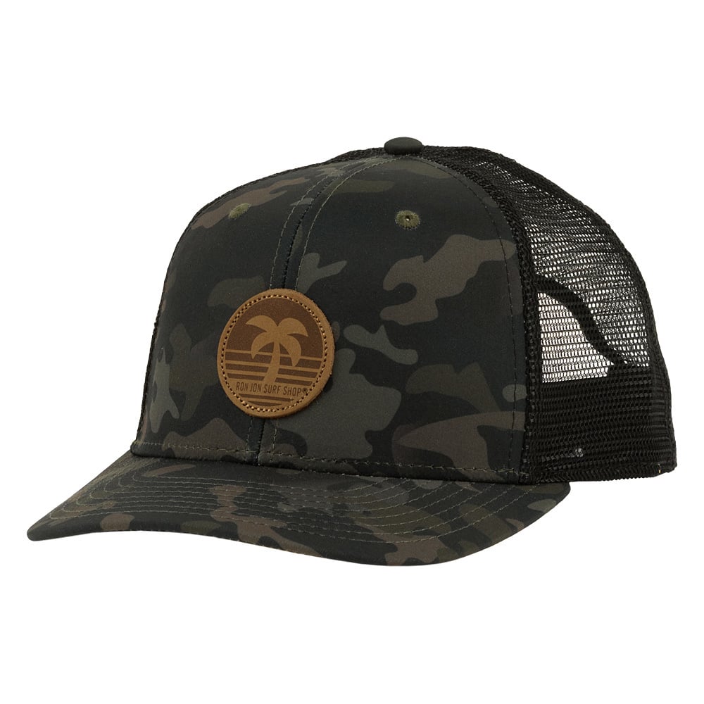Camo-patterned cap with a brown palm tree logo on the front and black mesh back.