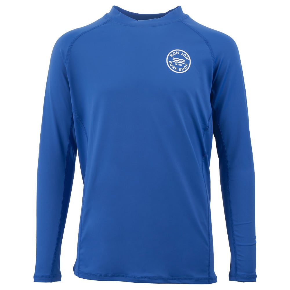 Blue long-sleeve rash guard with a small circular Ron Jon Surf Shop logo on the chest, featuring text and a wave graphic.