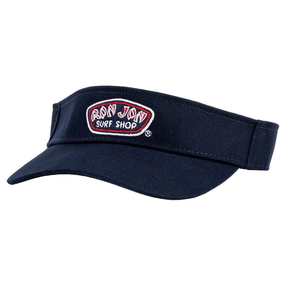 A dark blue visor with Ron Jon Surf Shop embroidered on the front in red, white, and blue.
