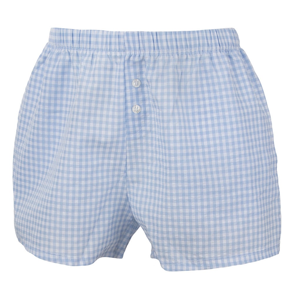 Light blue and white gingham-patterned shorts with an elastic waistband and two front buttons.