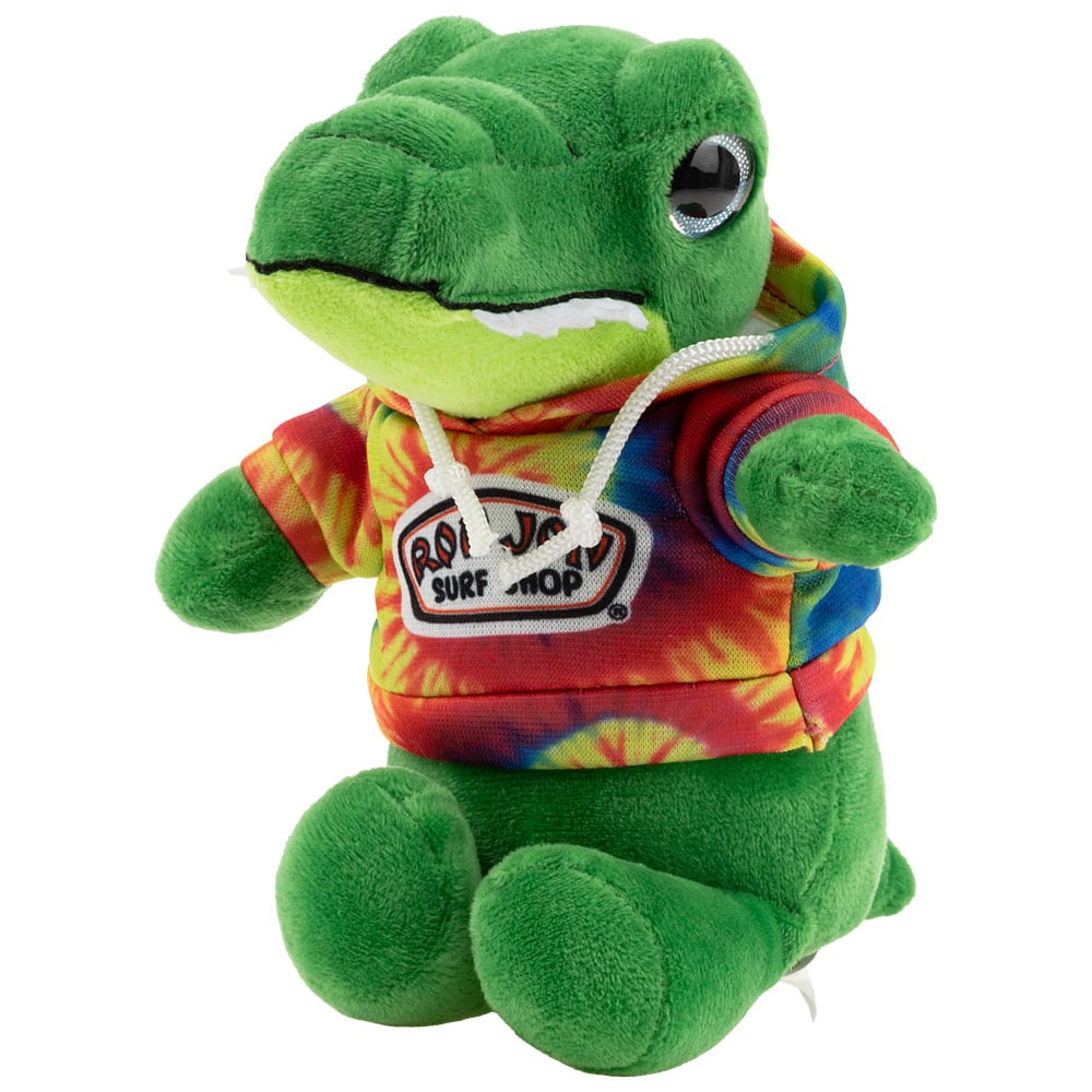 A green plush alligator wearing a colorful tie-dye hoodie with a Ron Jon Surf Shop logo on the front.