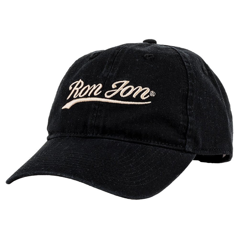 Black baseball cap with Ron Jon written in cream-colored script on the front.