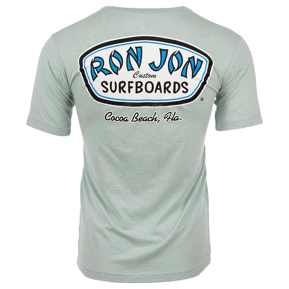 A light green t-shirt shown from the back with Ron Jon Custom Surfboards, Cocoa Beach, Fla. printed in large blue and black text.