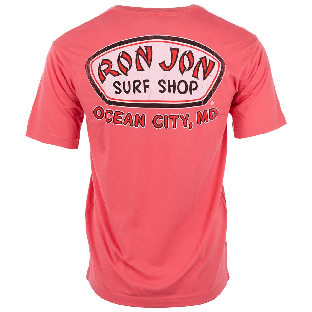 A watermelon T-shirt with a large “Ron Jon Surf Shop Ocean City, MD” logo printed on the back in white, red, and black.