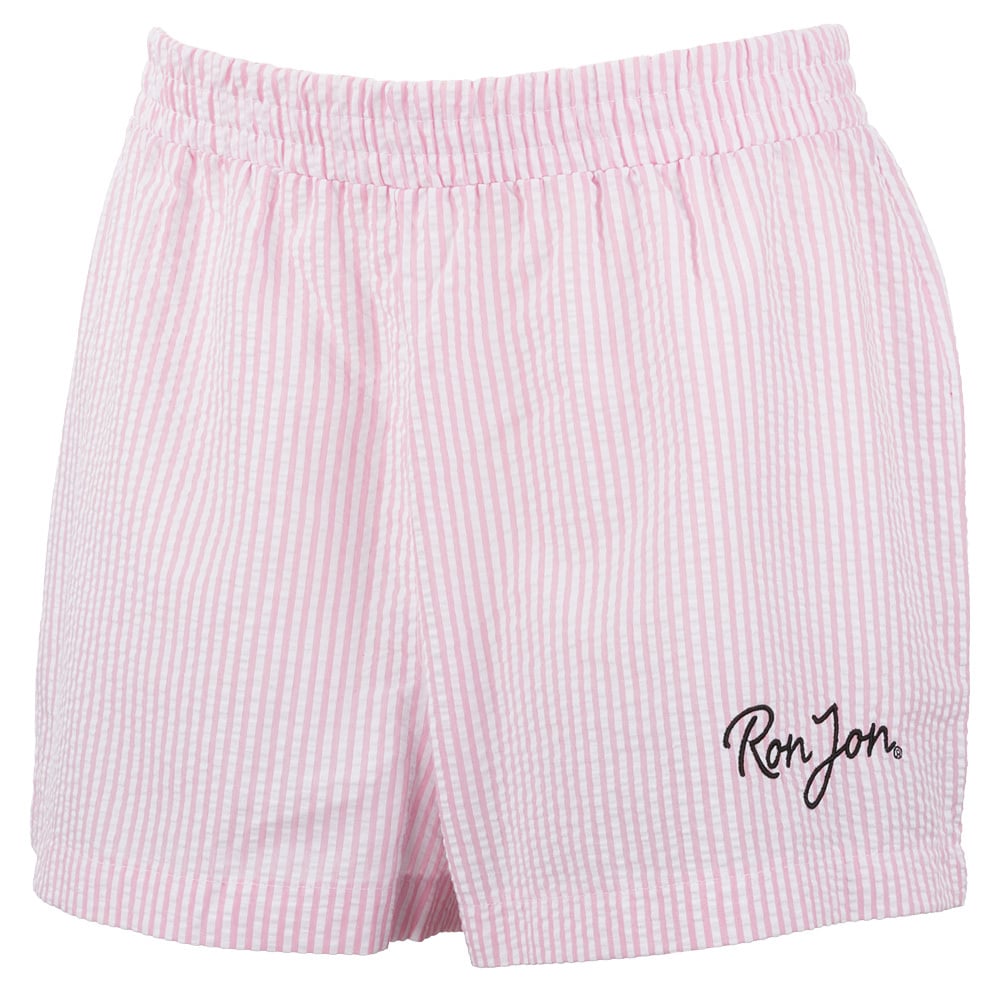 Pink and white striped shorts with an elastic waistband and Ron Jon logo embroidered in black on the front left leg.