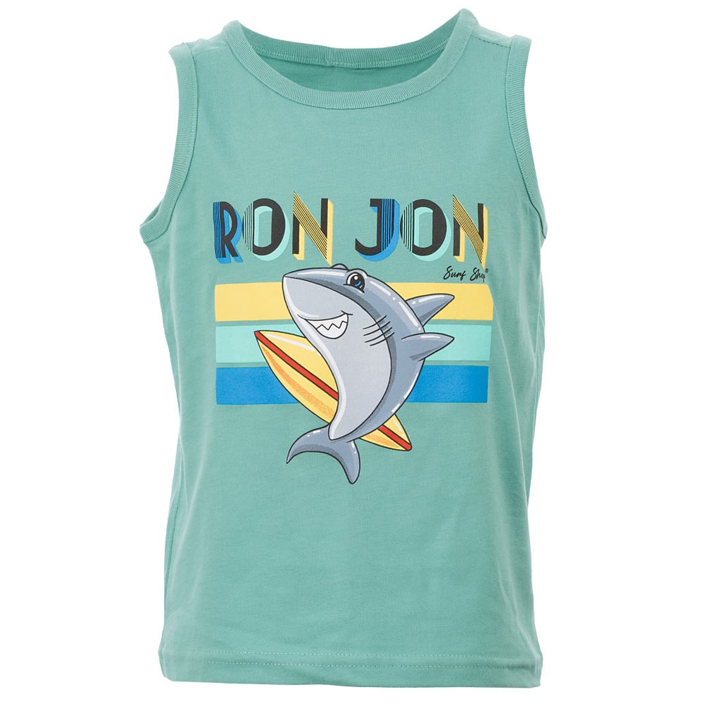 A teal tank top featuring a cartoon shark with a surfboard, colorful stripes, and the text RON JON Surf Shop.