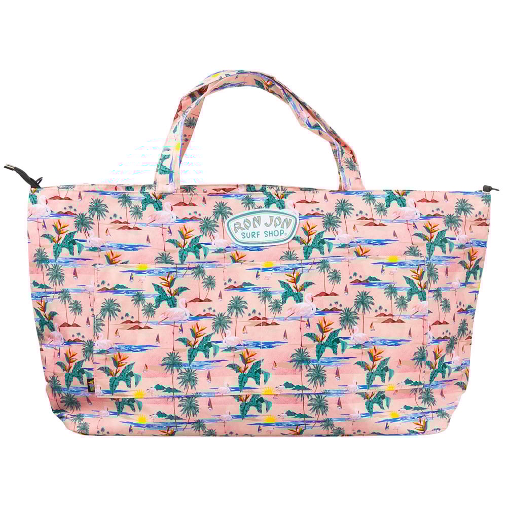 Pink Ron Jon Surf Shop tote bag with tropical beach and surfboard print, featuring two handles and a zipper closure.