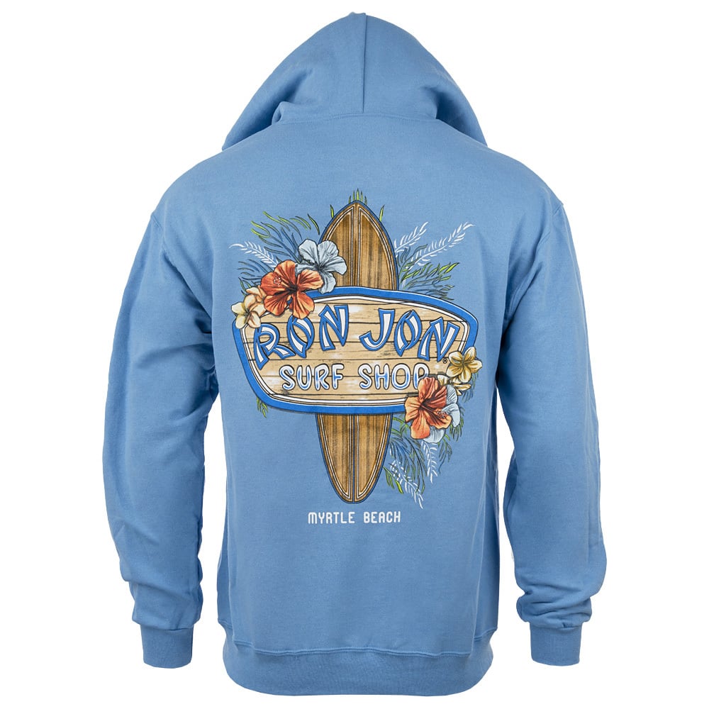 Blue hoodie with Ron Jon Surf Shop text, surfboard, and floral graphic. Myrtle Beach is also written below the design.