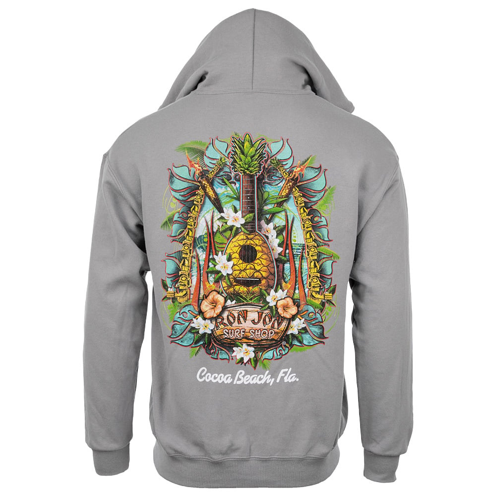 Gray hooded sweatshirt with a colorful tropical design, surfboards, flowers, and Ron Jon Surf Shop Cocoa Beach, Fla. printed on the back.