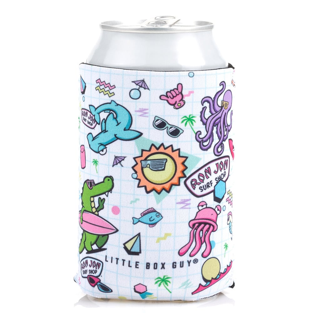 A soda can in a colorful, illustrated sleeve featuring beach-themed graphics such as an alligator, octopus, and surfboards.