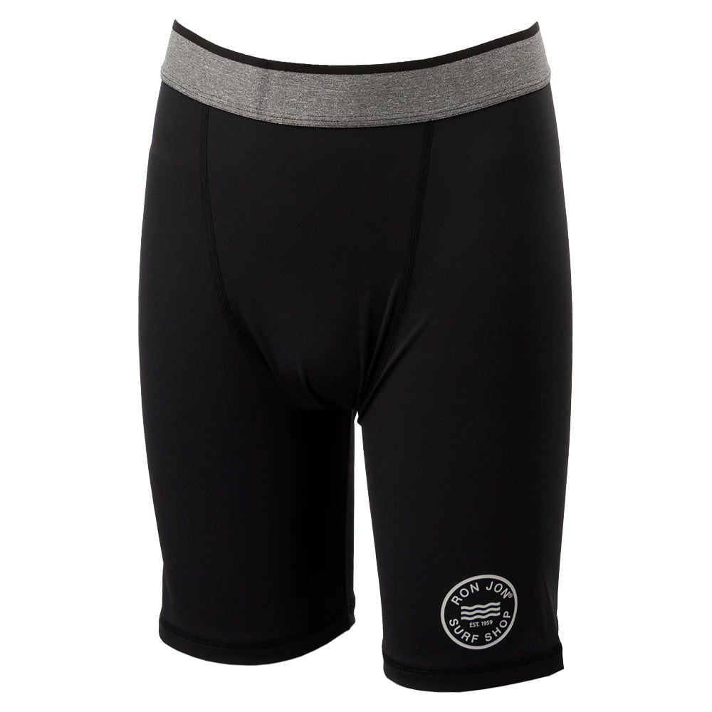 Black fitted shorts with a gray waistband and a round logo patch near the hem on one leg.