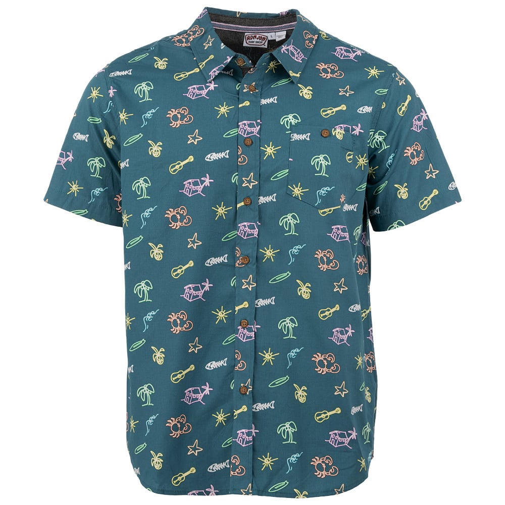 Short-sleeved button-up shirt with a teal background, featuring colorful tropical-themed icons like palm trees, guitars, fish, and suns.