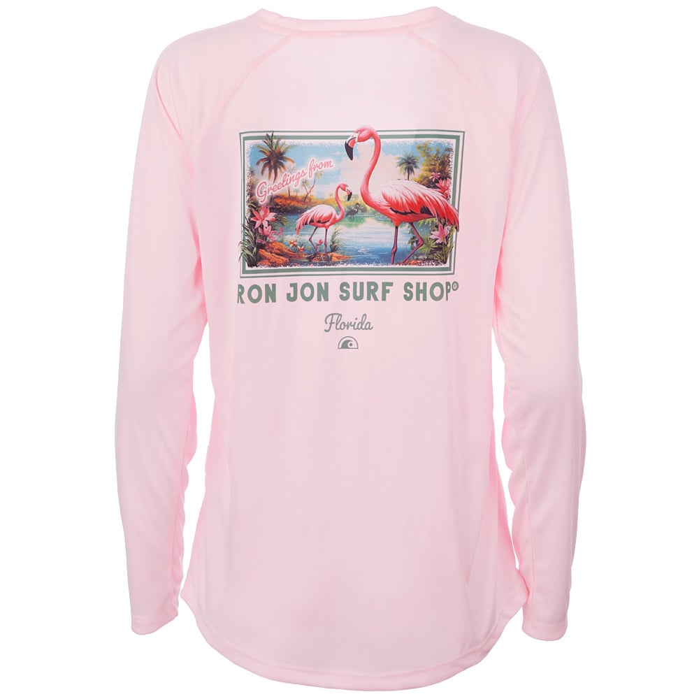 Light pink long-sleeve shirt featuring a graphic of flamingos, palm trees, and water with the text Greetings from Ron Jon Surf Shop Florida on the back.