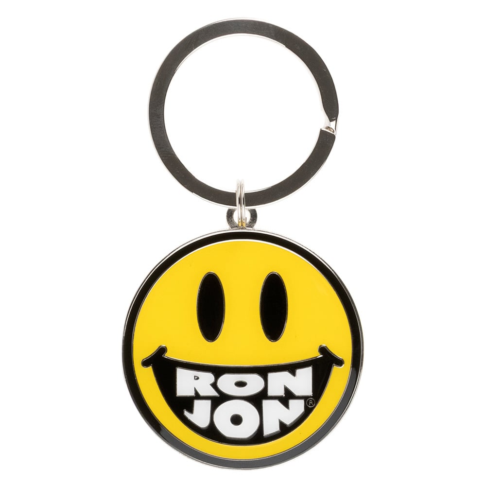 Yellow smiling face keychain with the words RON JON in bold white letters on the mouth area.