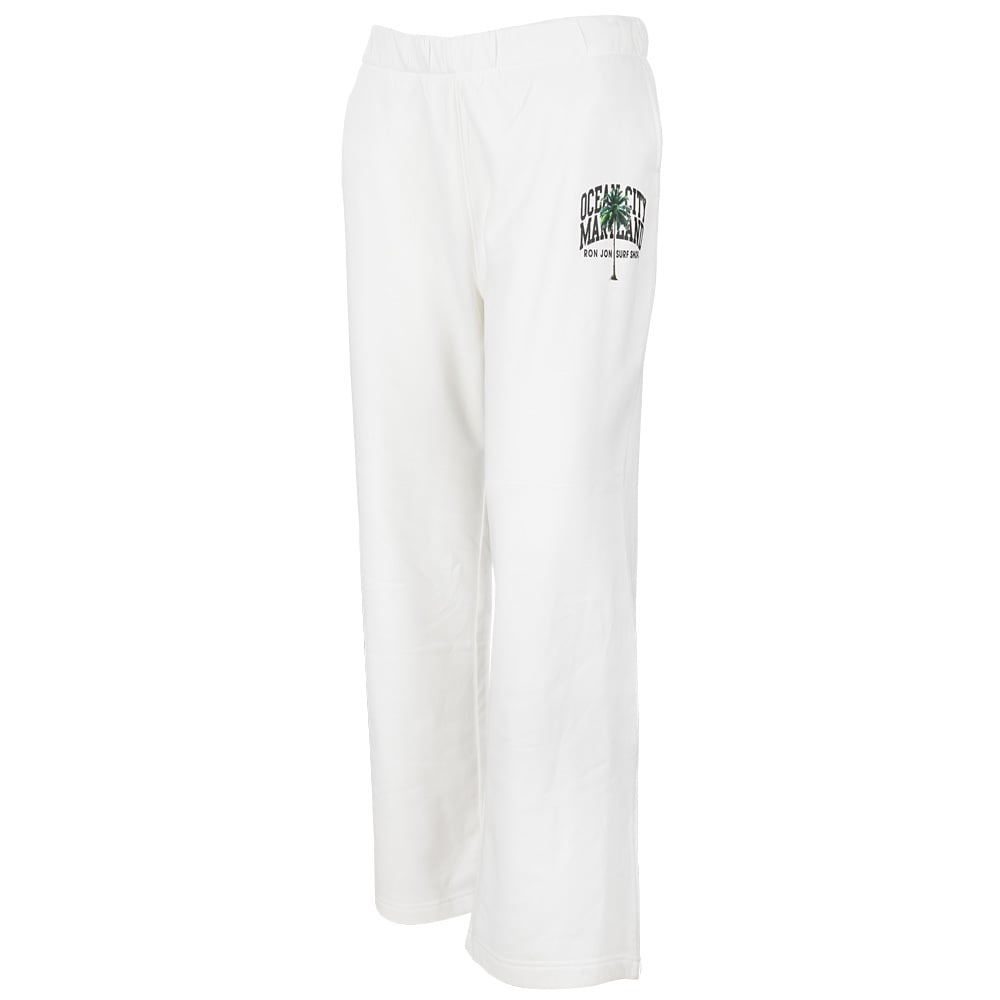 White sweatpants with a small Ocean City Maryland graphic in green and black on the left thigh, featuring an elastic waistband and straight legs.