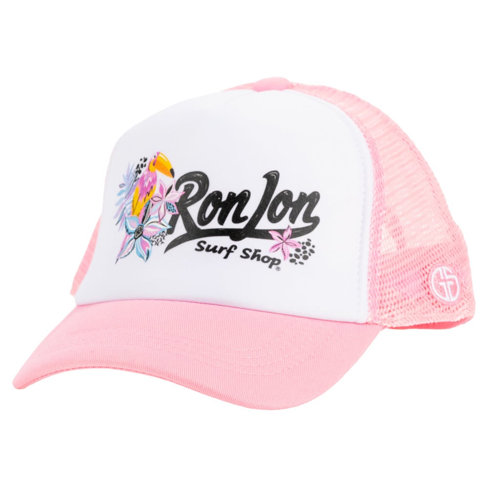 Pink and white trucker hat with Ron Jon Surf Shop logo, featuring a toucan and flowers, and a pink mesh back.