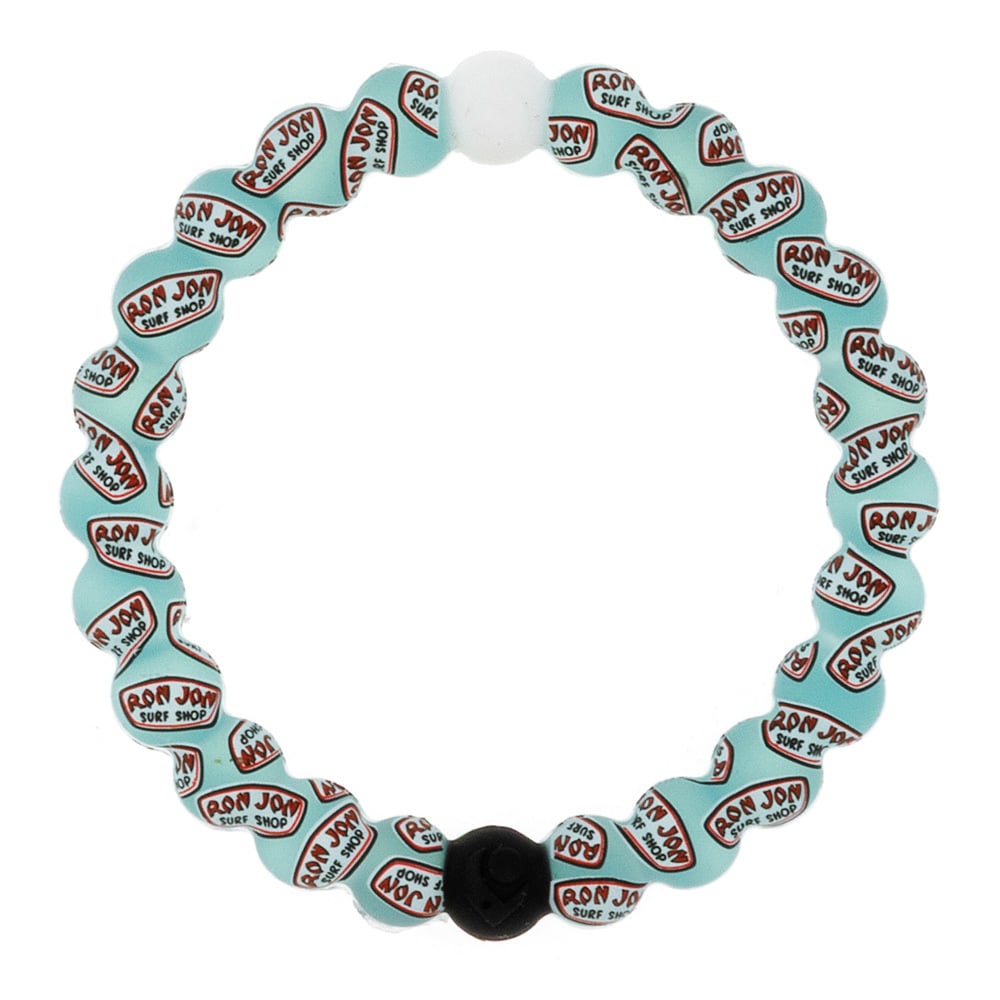 A round bracelet with light blue beads featuring Ron Jon Surf Shop logos and one white and one black bead.