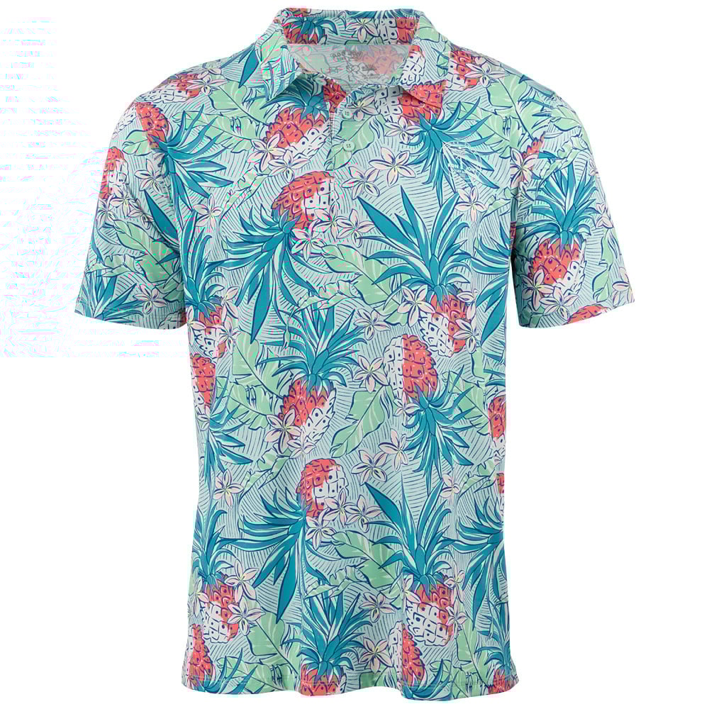 A short-sleeve polo shirt featuring a tropical pattern with red pineapples, blue palm leaves, and pink flowers on a light green background.