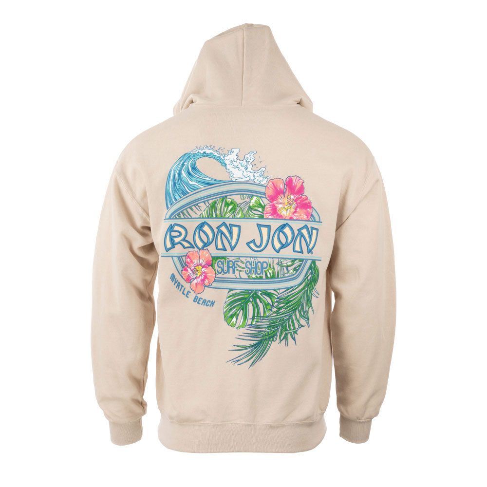 Sand colored hoodie with a large Ron Jon Surf Shop Myrtle Beach logo on the back, featuring a wave, hibiscus flowers, and palm leaves in blue, pink, and green.