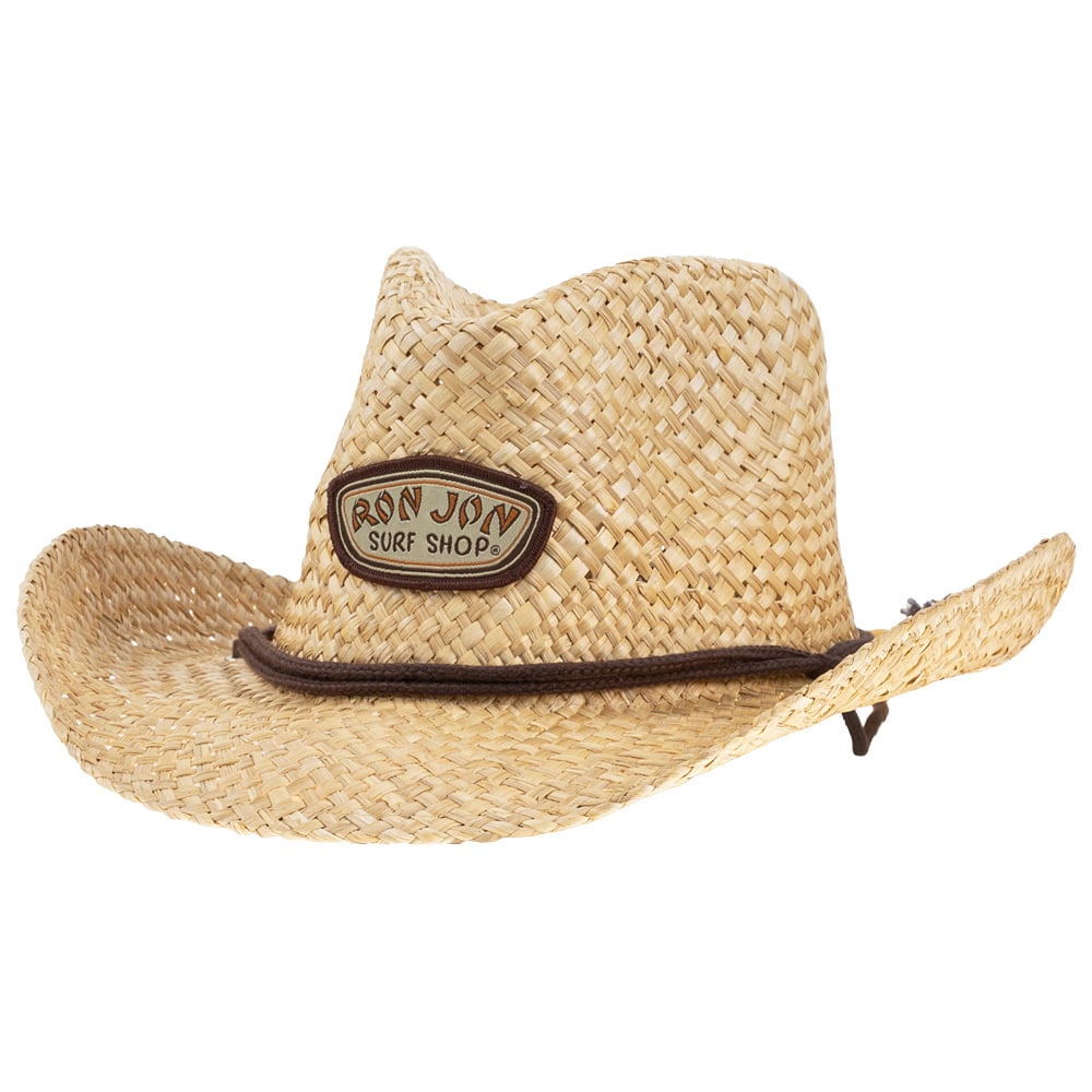 A woven straw cowboy hat with a brown band and a Ron Jon Surf Shop patch on the front.
