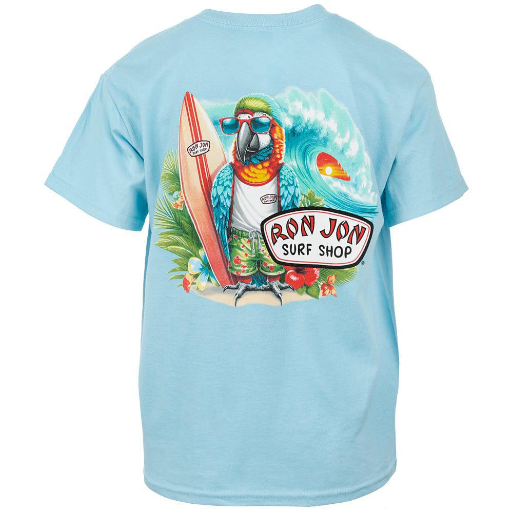 Light blue T-shirt featuring a parrot wearing sunglasses, a lei, and holding a surfboard, with text Ron Jon Surf Shop against a tropical background.