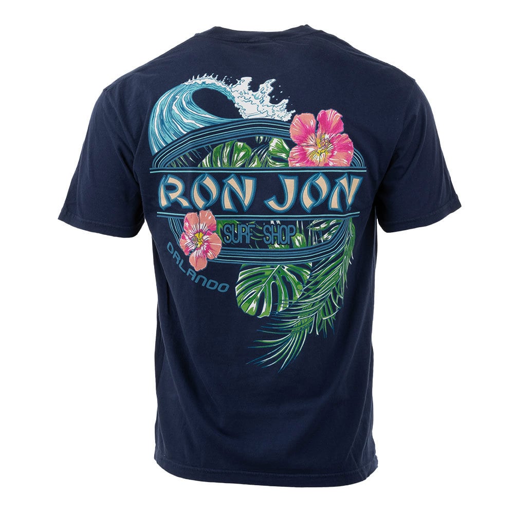 Navy T-shirt featuring a Ron Jon Surf Shop Orlando logo, with wave, palm leaves, and pink hibiscus flowers graphic on the back.